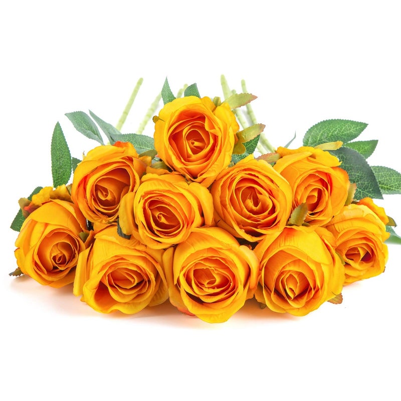 Flojery 10pcs Artificial Rose Flowers Long Stem Fake Silk Roses for DIY Wedding Bouquet Table Centerpiece Home Decor (Orange) - Image 2